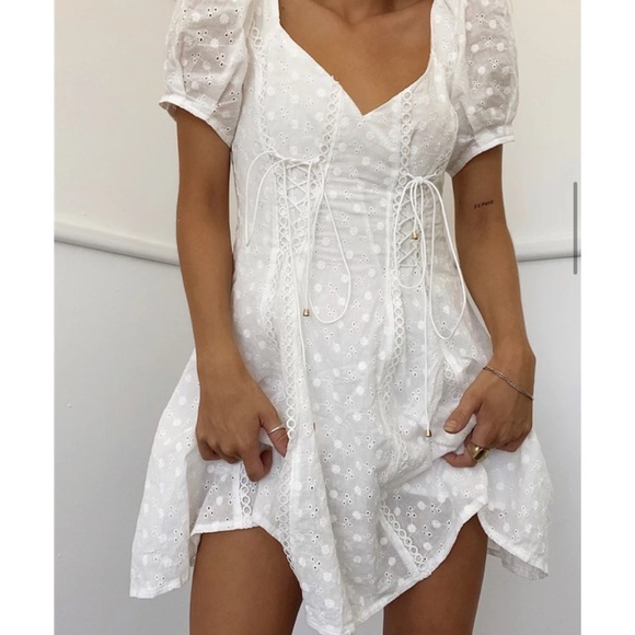 V Neck Crochet Eyelet LaceUp Boho Mini Dress White - Picture 2 of 11